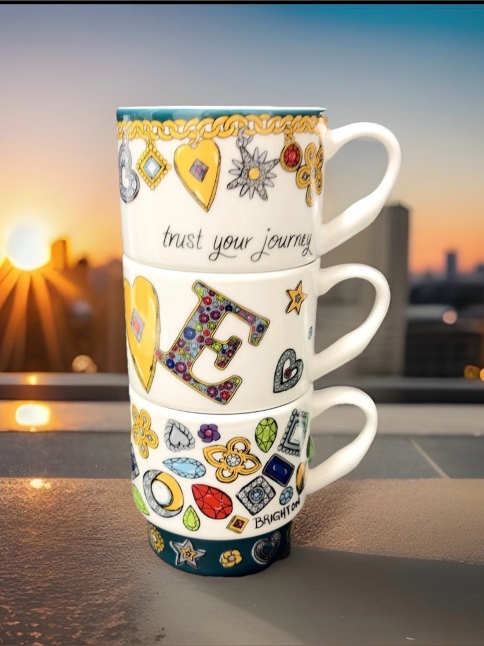 Brighton Ceramic Espresso Cup Set of 3 Love Trust Your Journey Jewelry Print